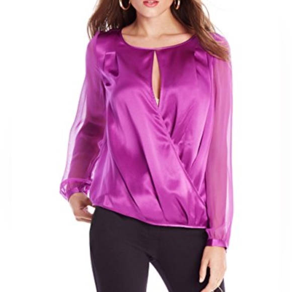 Marciano Silk Blouse Sheer Long SleevePurple Silk Blouse Marciano Long Sleeve - Picture 5 of 16